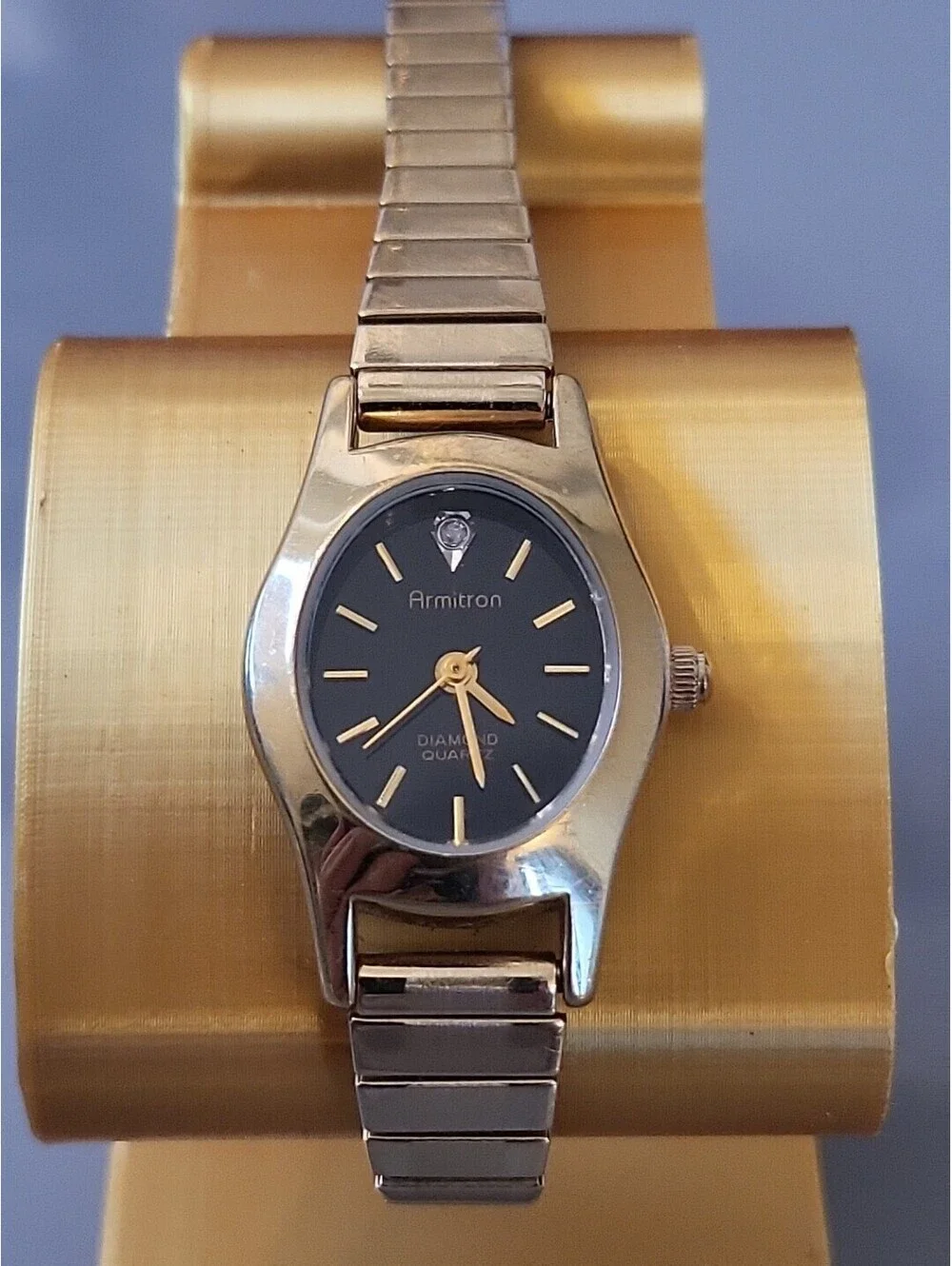 Armitron Diamond Watch Women Gold Stainless St Stretch Battery  Black Quartz EUC